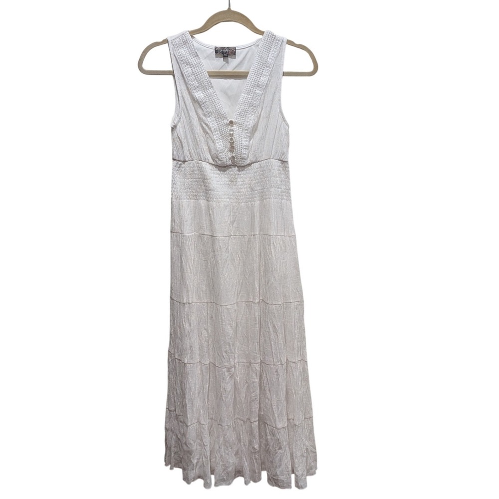 J Gee Womens Tiered Sleeveless Maxi Dress PS White Smocked Cottage Western Boho